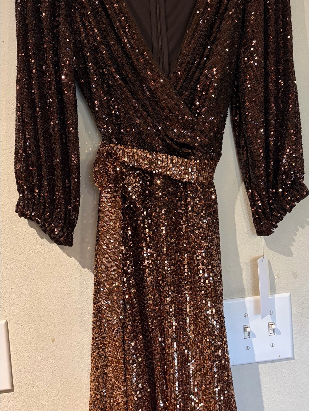DKNYC Bronze Sequin Long Sleeve Wrap Dress with Waist Tie